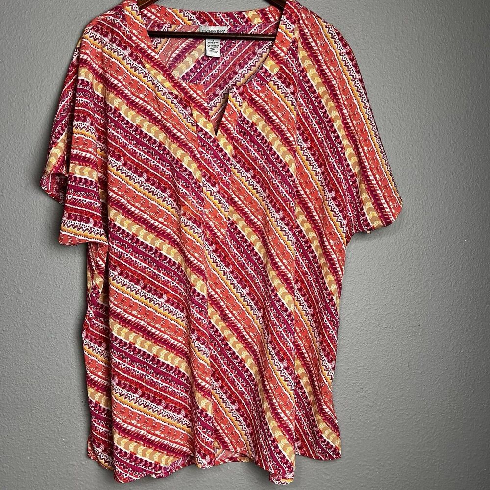Catherines Women's Plus Size 1X 18/20 Easy Fit Short Sleeve V-Neck Tunic Striped